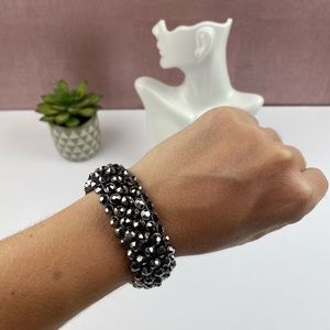 Silver Black Pewter Rhinestone Metal Stretchy Bracelet Glam Women Jewelry
